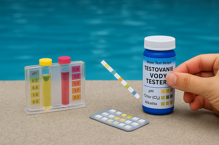 Testovanie bazénovej vody pomocou prúžkov a farebného komparátora Ruka drží testovací prúžok nad testerom vody pri okraji bazéna, vedľa leží farebný porovnávací tester a balenie reagentov